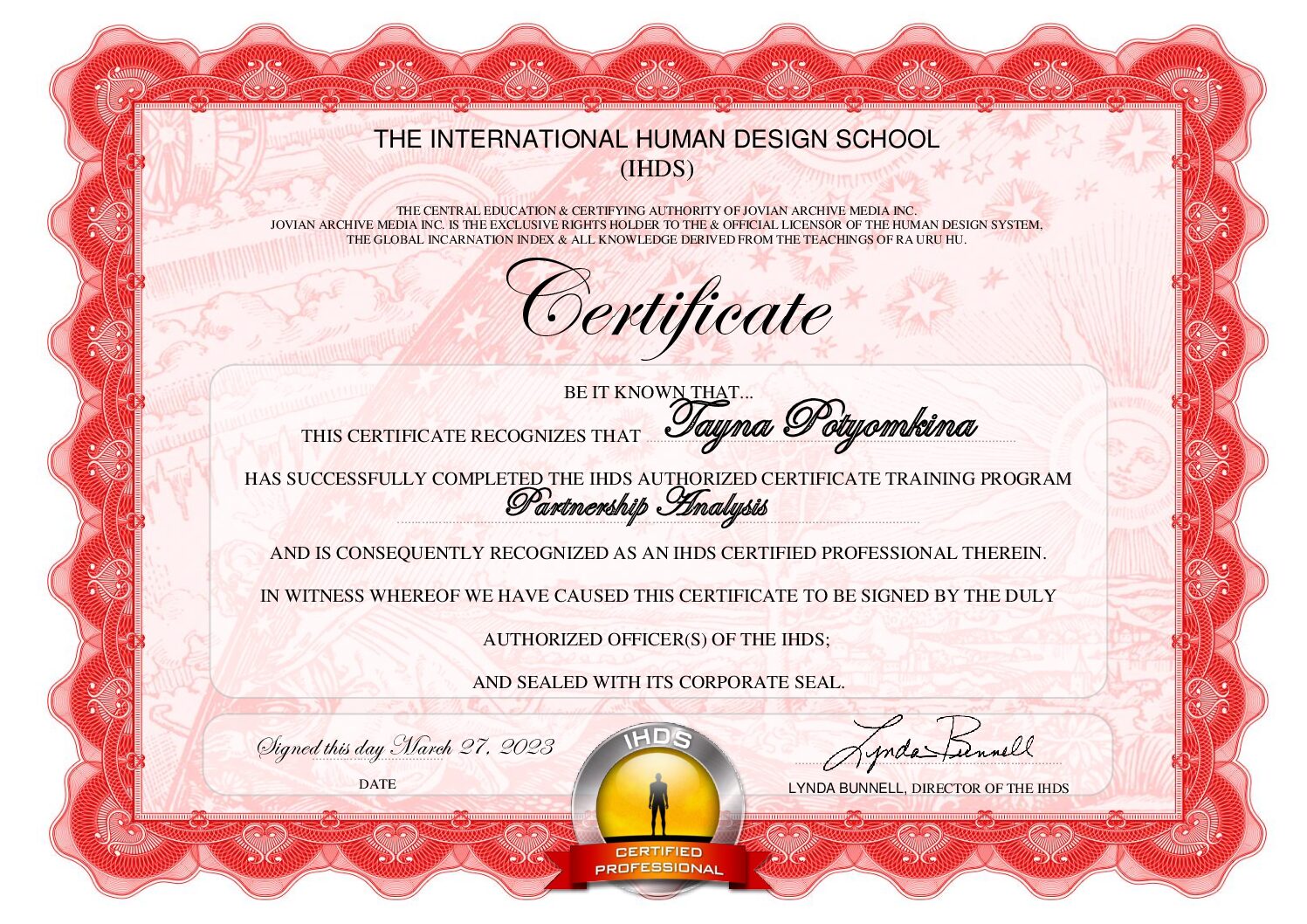 Tayna Potyomkina Partnership Analysis Certificate